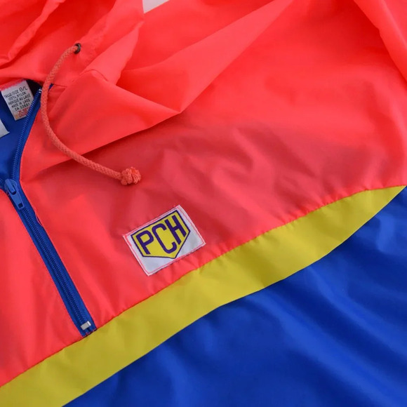 Vintage Pch Neon Orange Blue Waterproof Nylon Hooded Half Zip Windbreaker Jacket - Picture 8 of 10